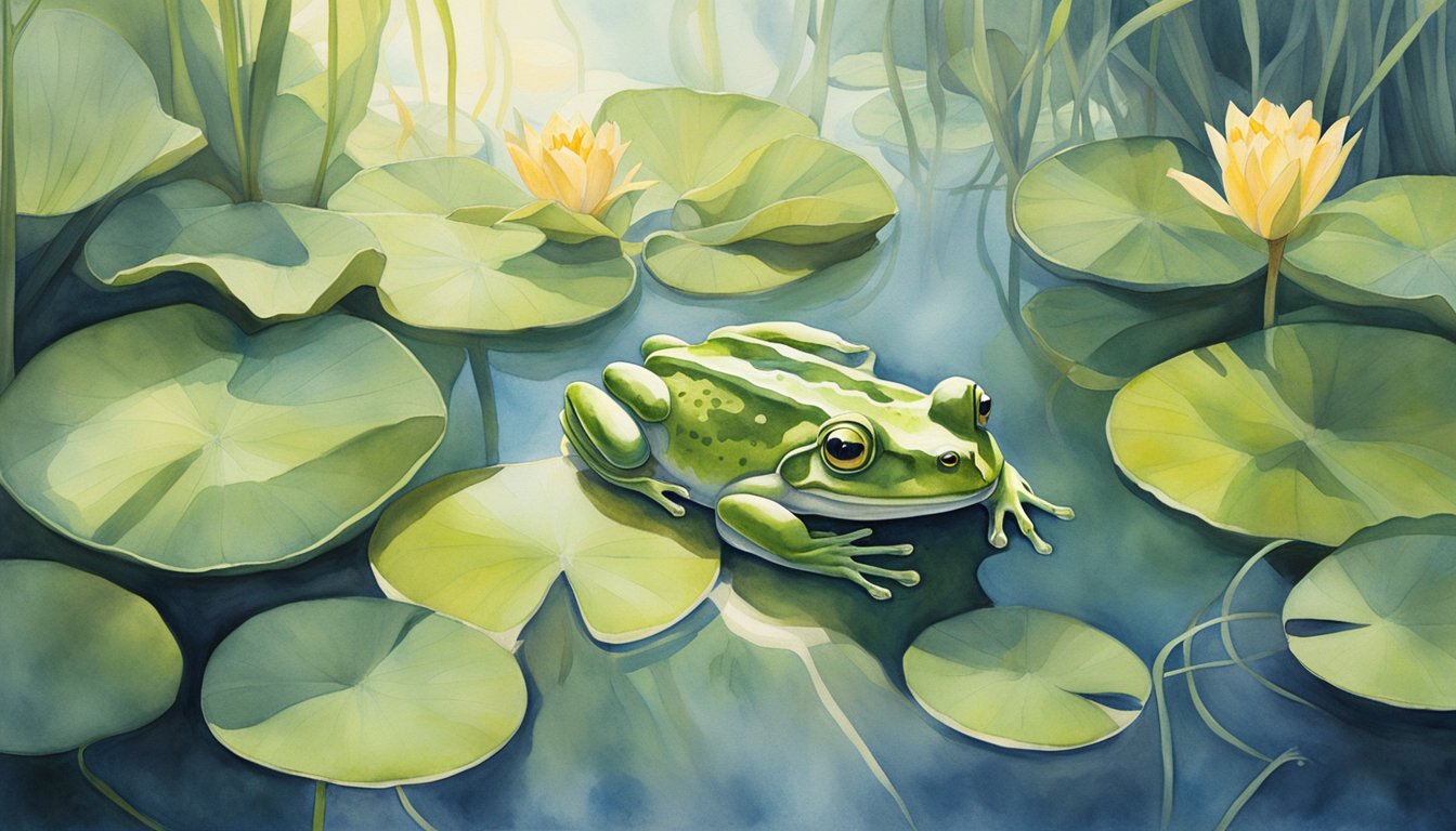 Clear frogs sit atop lily pads in a tranquil pond, their transparent skin revealing internal organs and skeletal structure.</p><p>Sunlight filters through the water, casting a shimmering glow on the amphibians