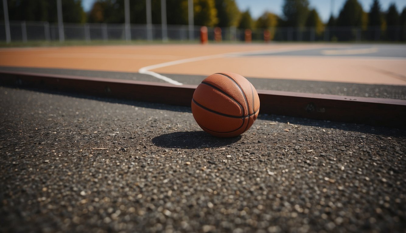 A pile of asphalt, concrete, and wooden planks lay beside a basketball court. The cost of materials for the court's construction is being calculated