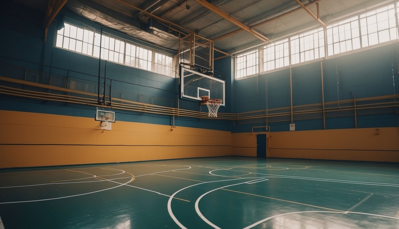 A basketball court with dimensions of 94 feet by 50 feet, surrounded by a chain-link fence, with painted lines and markings, and equipped with adjustable hoops and backboards