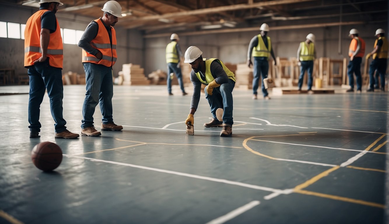 A basketball court under construction with workers measuring dimensions and materials