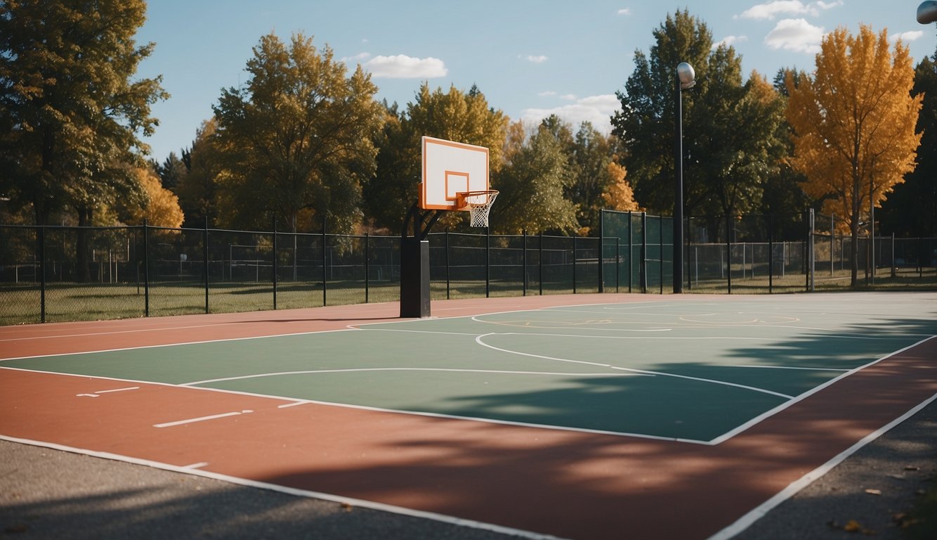 A basketball court with painted lines and hoops, surrounded by fencing and bleachers, located in a community park or school yard