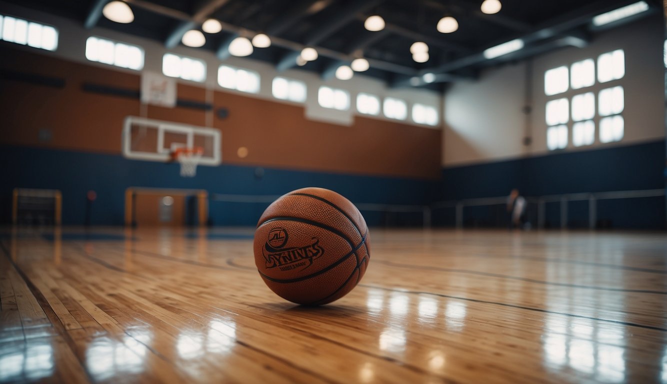 A basketball court with durable flooring, painted lines, and sturdy hoops surrounded by fencing and lighting