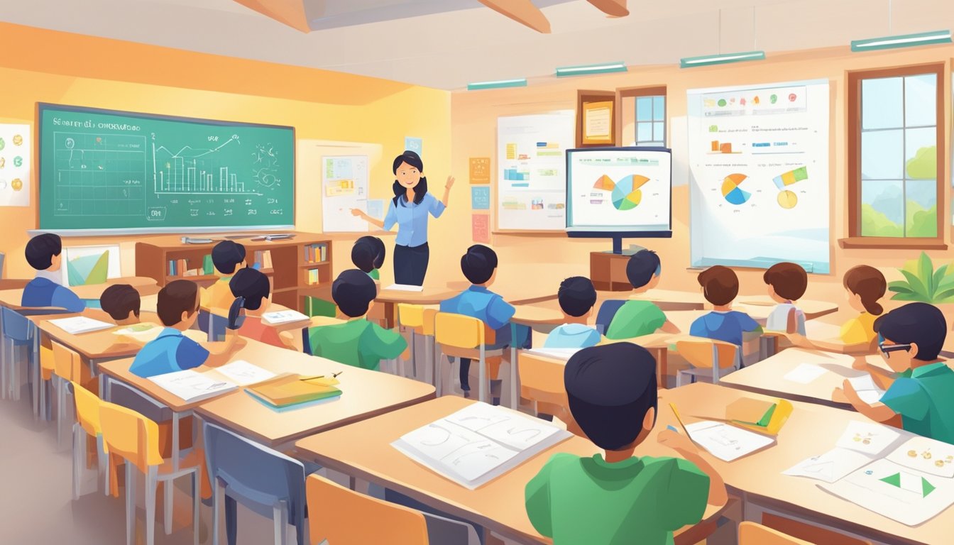 A math tutor in Singapore explains concepts using interactive tools and visual aids in a bright and organized classroom setting