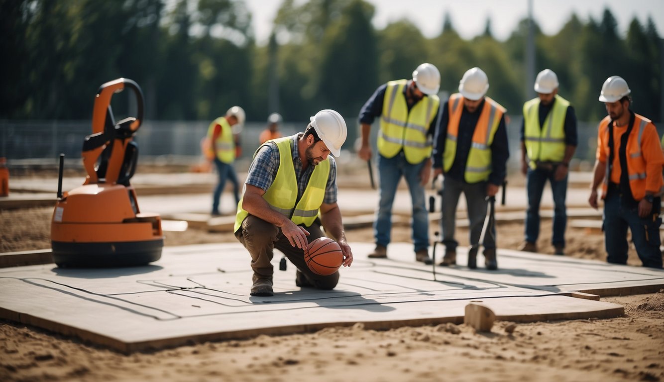 A construction site with workers measuring and marking out dimensions for a basketball court, with equipment and materials scattered around the area