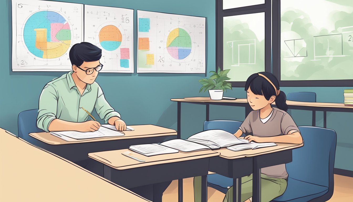 A student solving complex math problems with a tutor in a modern Singapore classroom