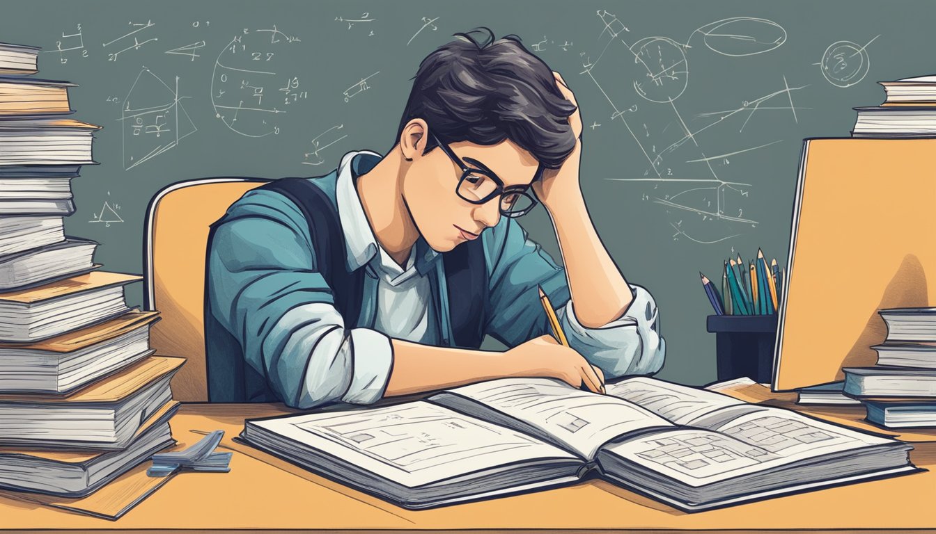A student sitting at a desk, surrounded by math textbooks and notes, deep in thought while solving complex math problems