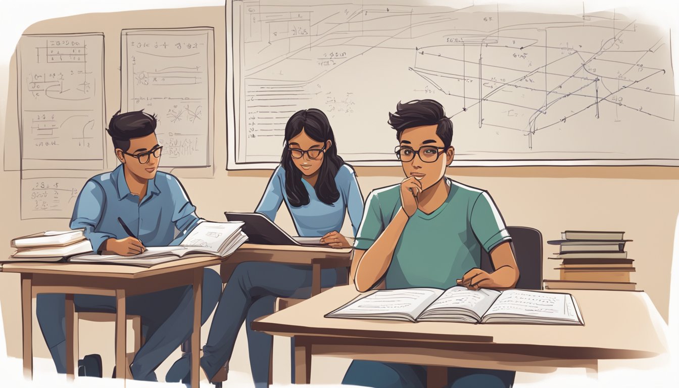 A student sitting at a desk with a math textbook open, while a tutor stands nearby explaining concepts. A whiteboard with equations and diagrams is visible in the background