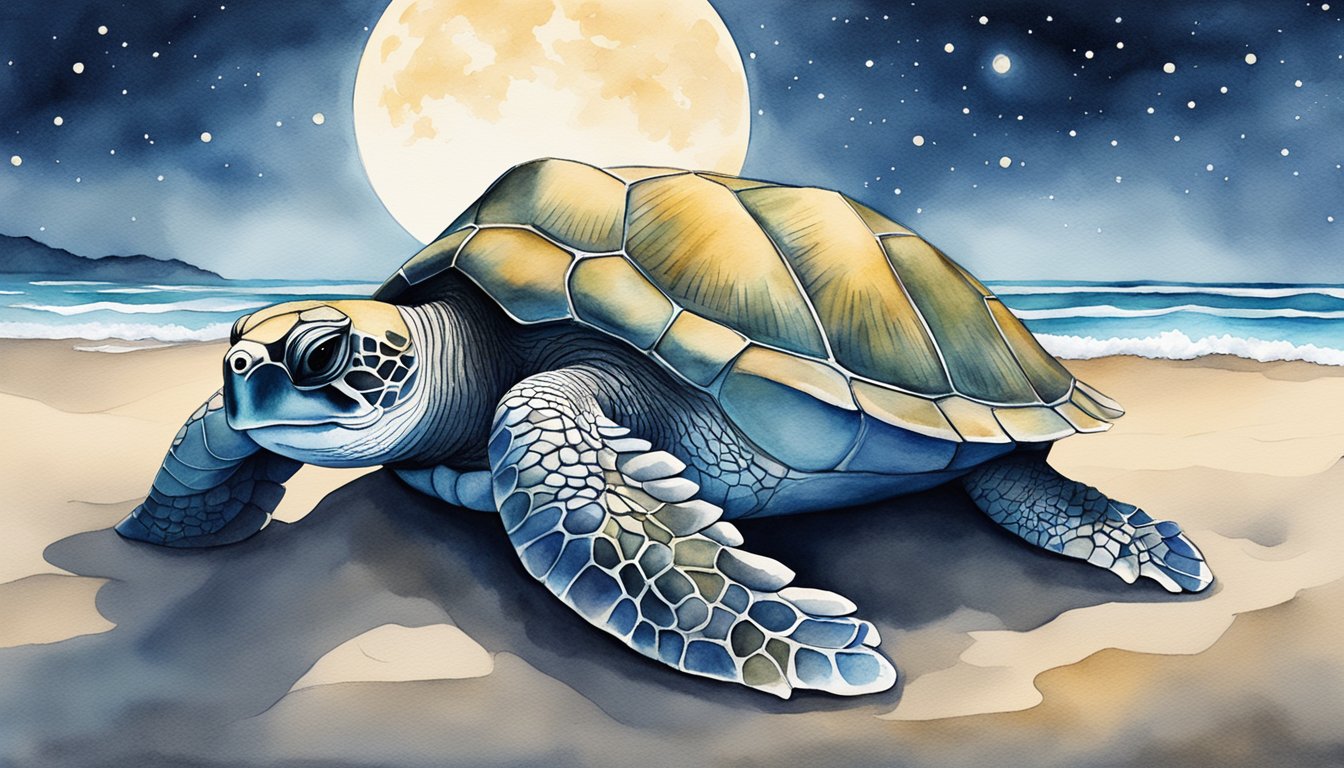 Olive ridley turtle laying eggs on a sandy beach at night, surrounded by moonlit waves and a starry sky