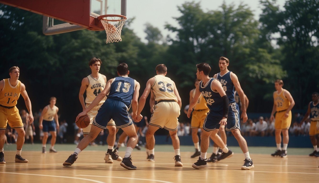 Basketball became an Olympic sport in 1936. The scene could show a basketball court with Olympic rings and players in action