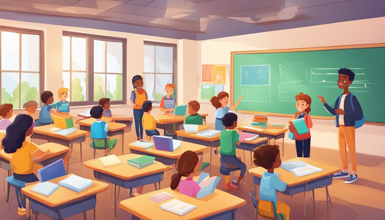 A bright and colorful classroom with books, educational posters, and a whiteboard. A group of happy and engaged students are learning and interacting with their teacher