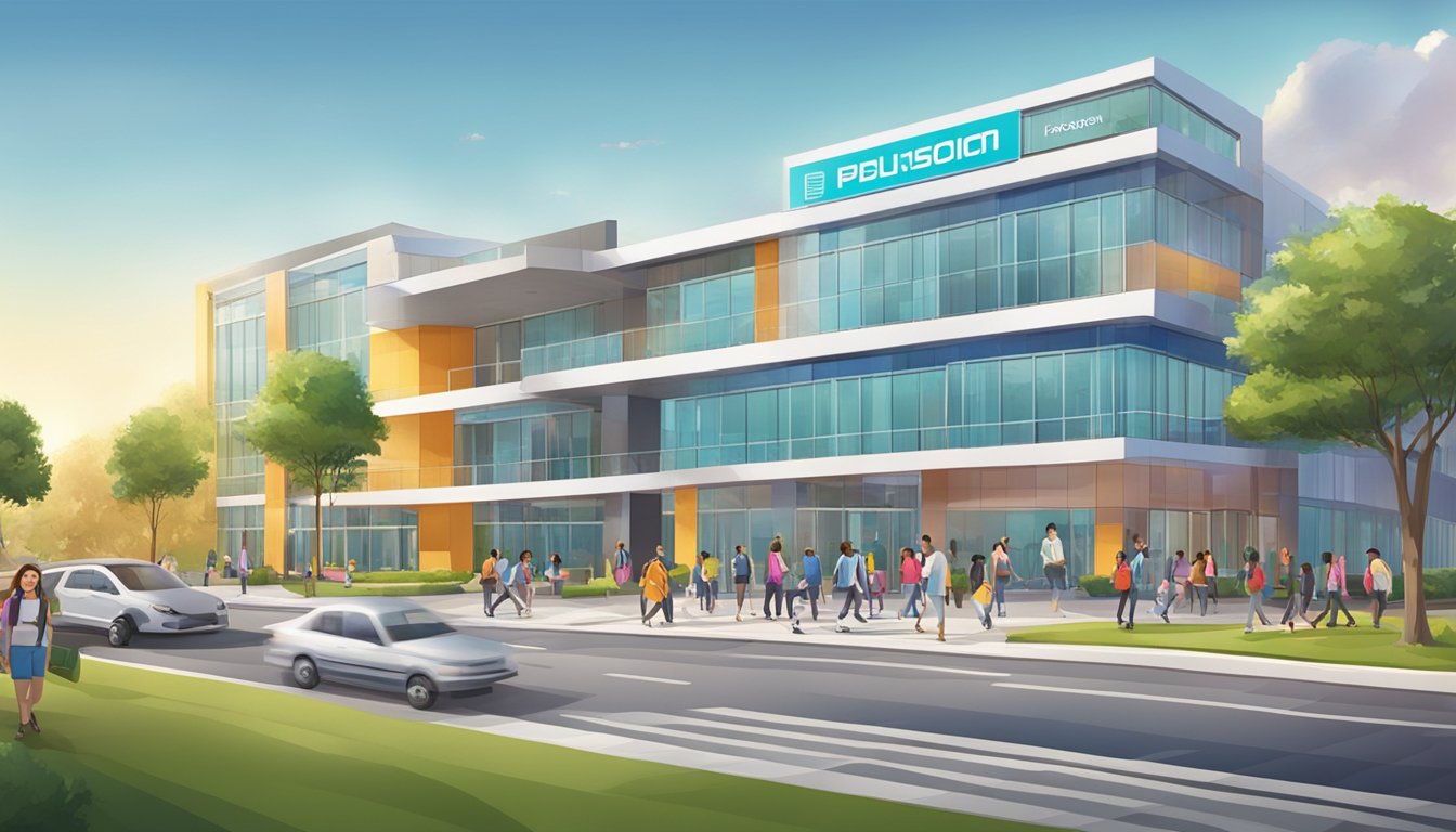 A colorful logo and name displayed on a prominent sign outside a modern building, with happy students entering and leaving