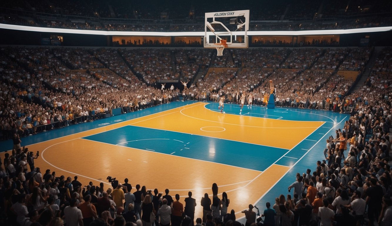 A basketball court with Olympic rings displayed, players in action, and a crowd cheering in the background