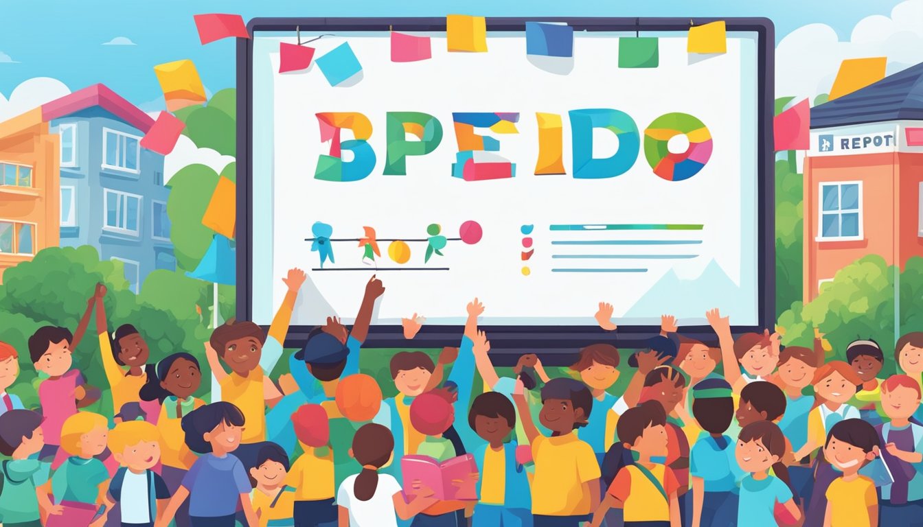 A bright, eye-catching billboard with bold text and vibrant colors, surrounded by happy children and confident students holding A+ report cards