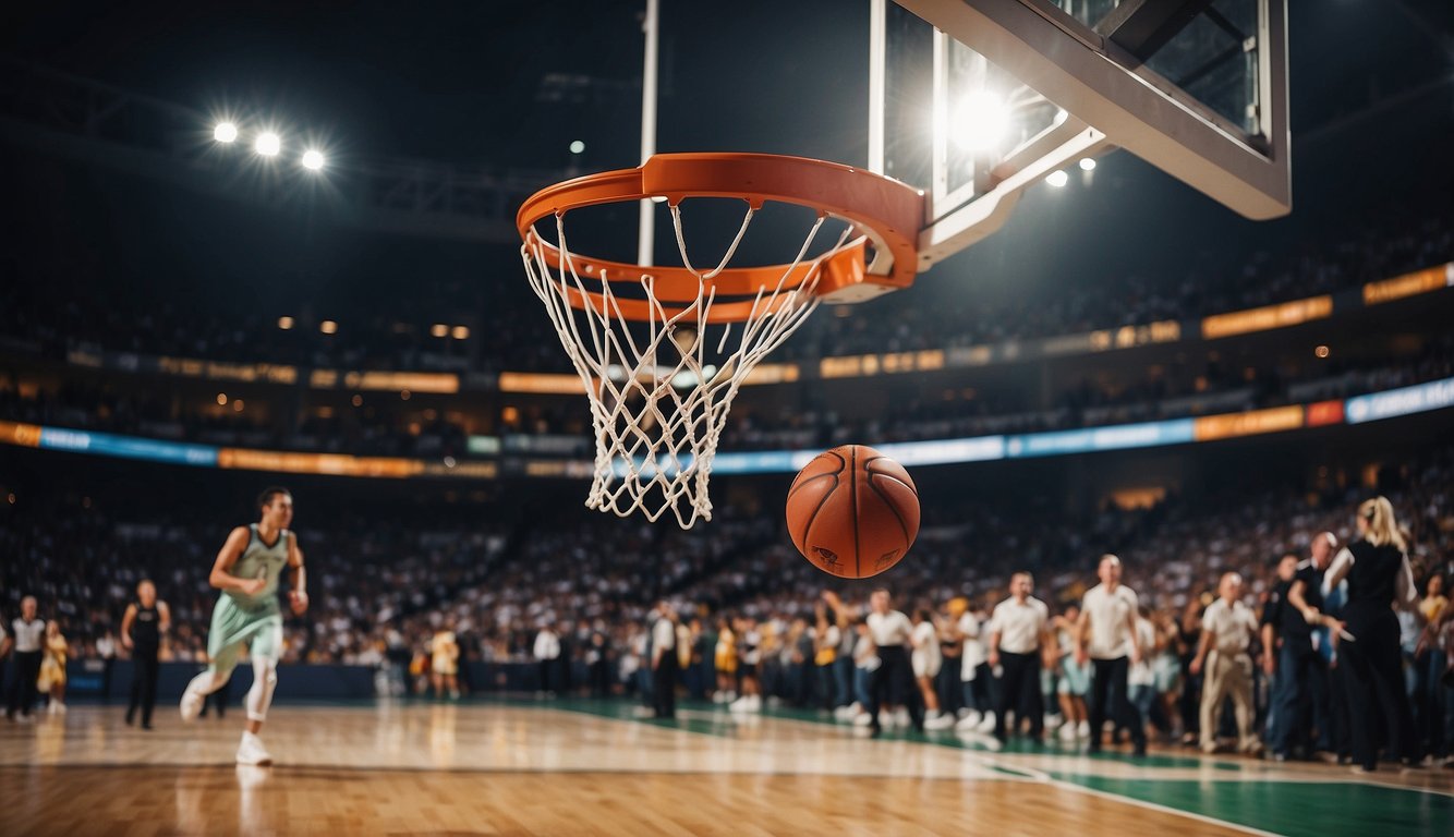 A basketball soaring through a hoop in a grand Olympic arena, surrounded by cheering fans and illuminated by bright stadium lights