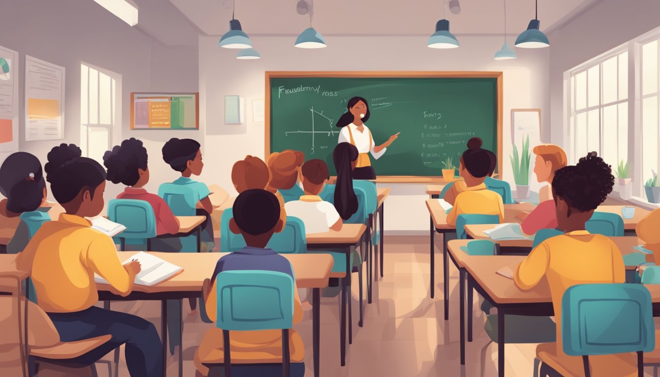 A bright and welcoming classroom with a chalkboard displaying "Frequently Asked Questions Tuition Centre" and students engaged in learning activities