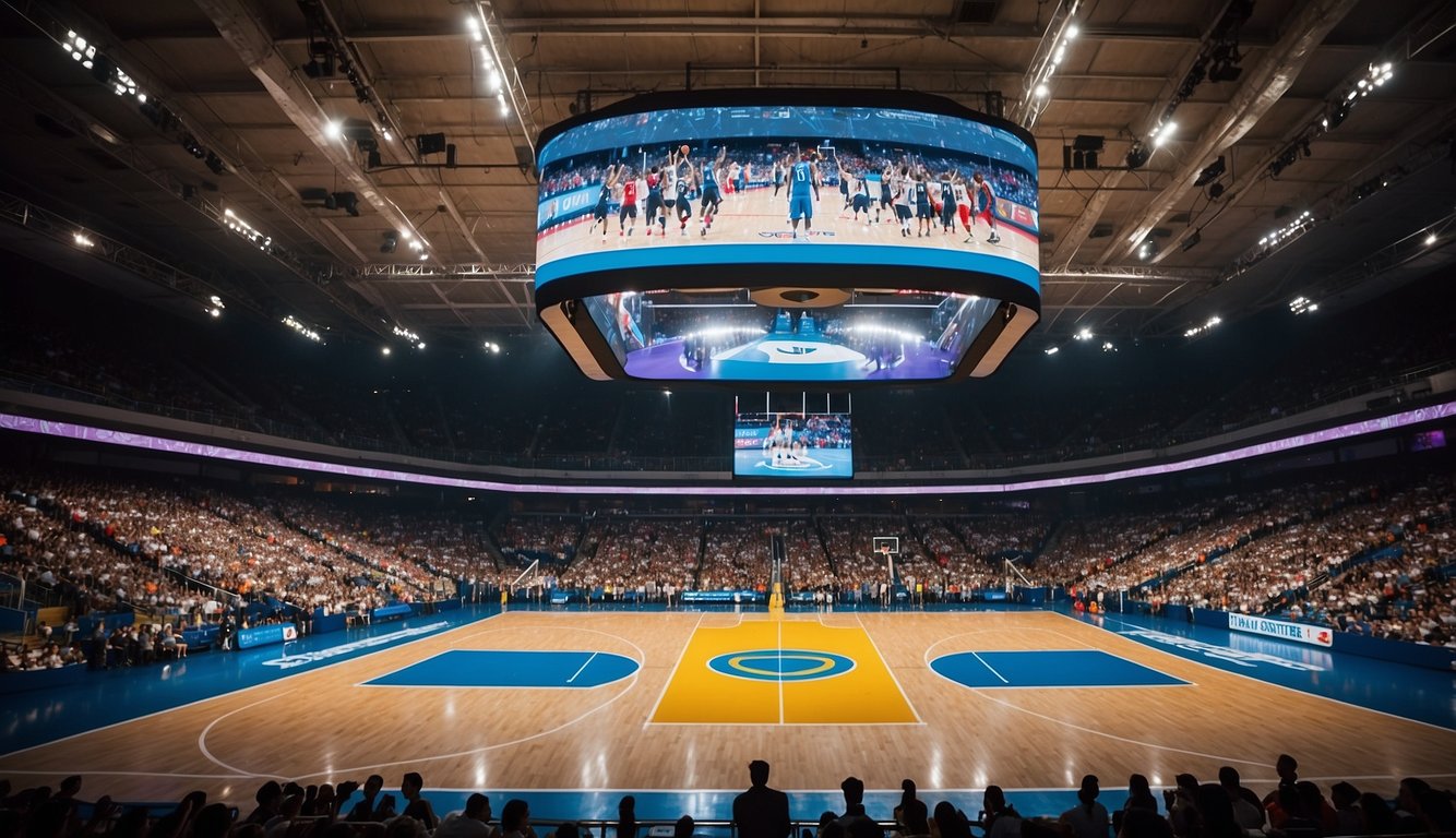 Basketball court with Olympic rings, players in national jerseys, spectators cheering, and a scoreboard displaying the Olympic logo