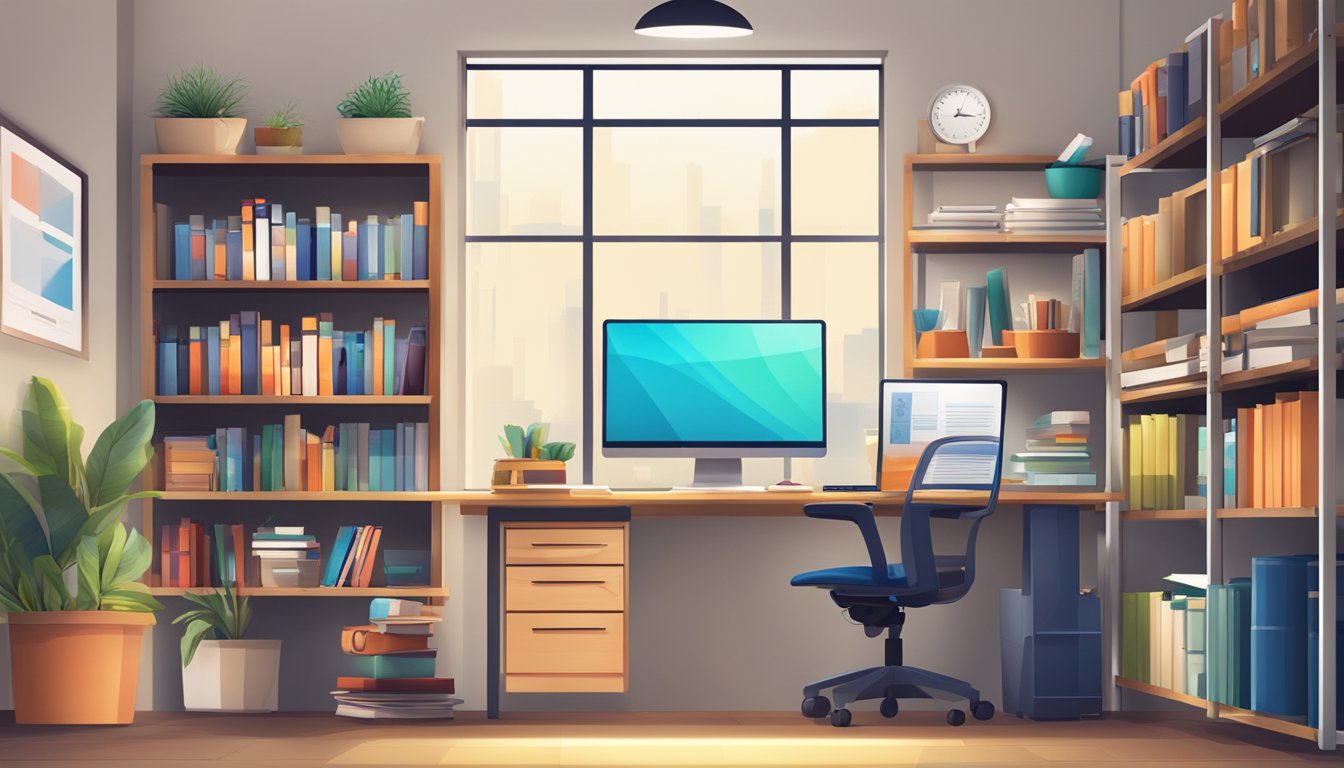A bright and welcoming office space, with a desk and computer, shelves of books and educational materials, and a logo prominently displayed