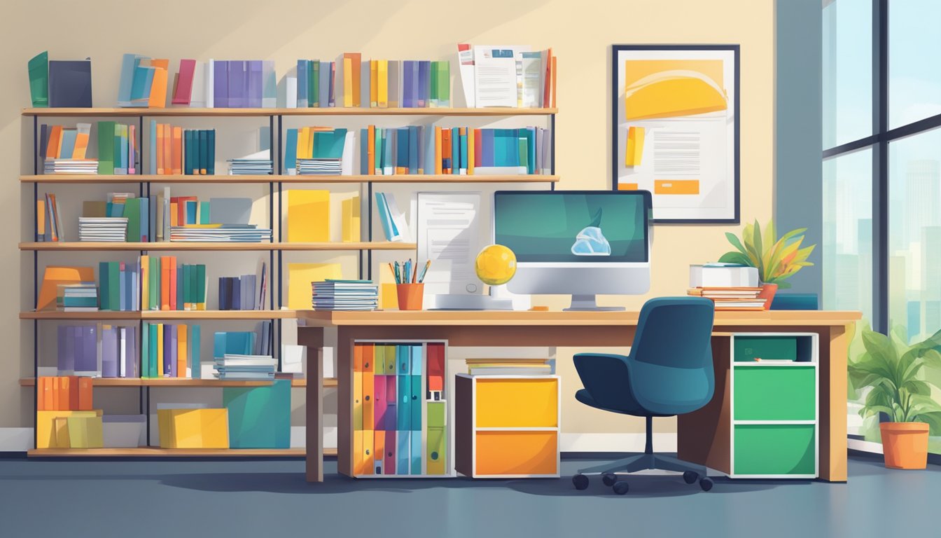 A bright, modern office space with a logo-emblazoned desk, shelves stocked with educational materials, and a wall adorned with academic achievement certificates