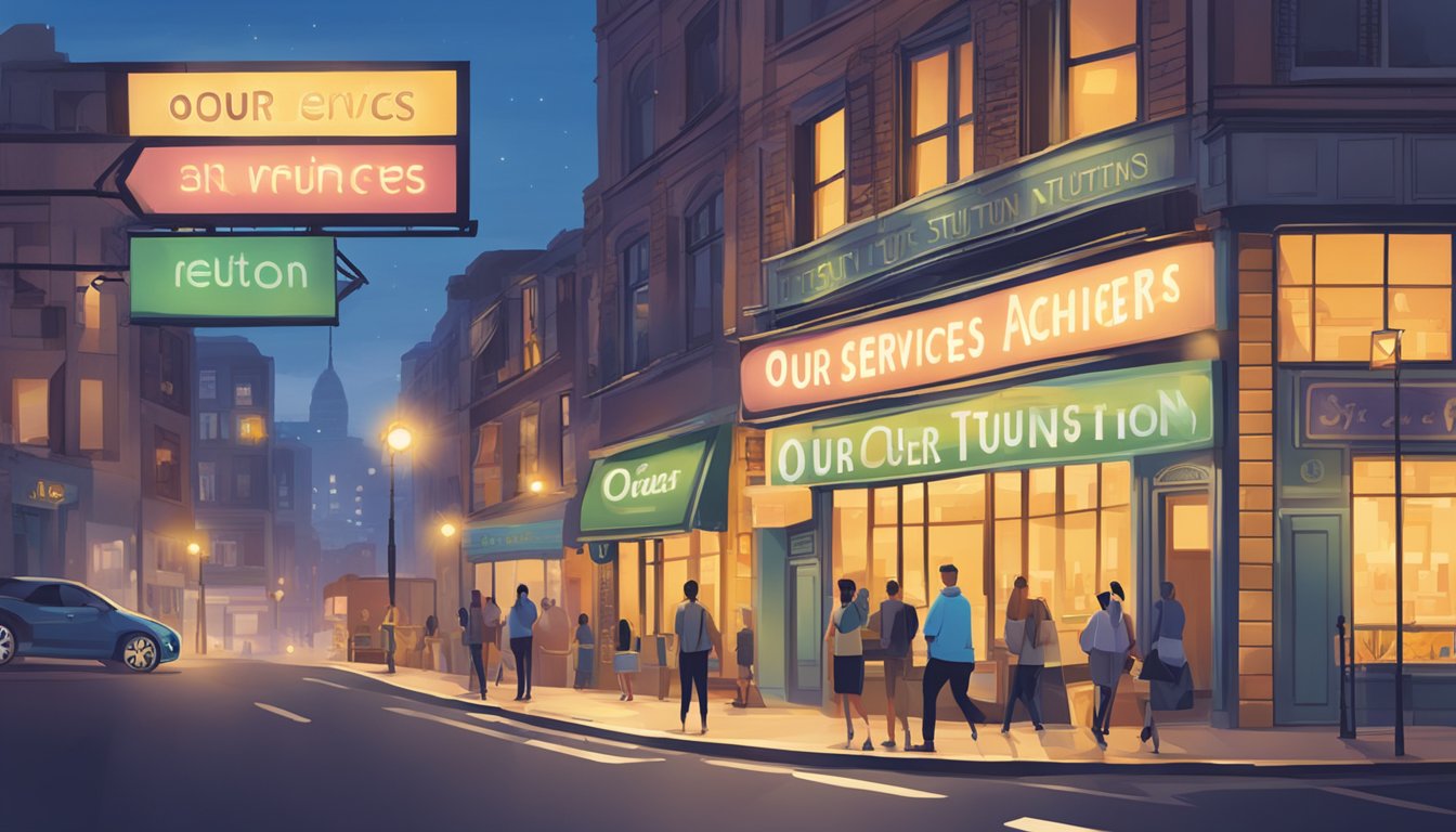 A brightly lit sign reading "Our Services - Achievers Tuition Agency" against a backdrop of a bustling city street at dusk