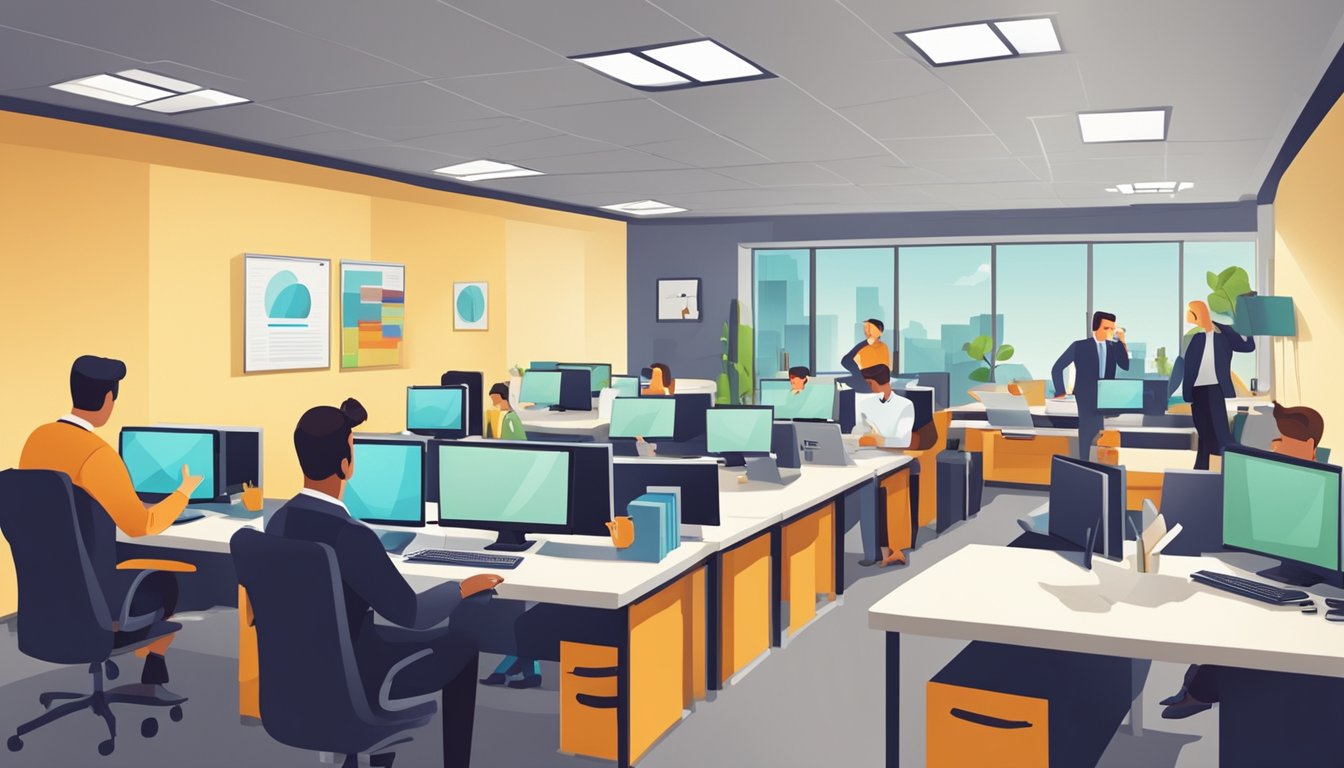 A busy office with people talking on the phone and typing on computers, a wall with a sign saying "Frequently Asked Questions achievers tuition agency"