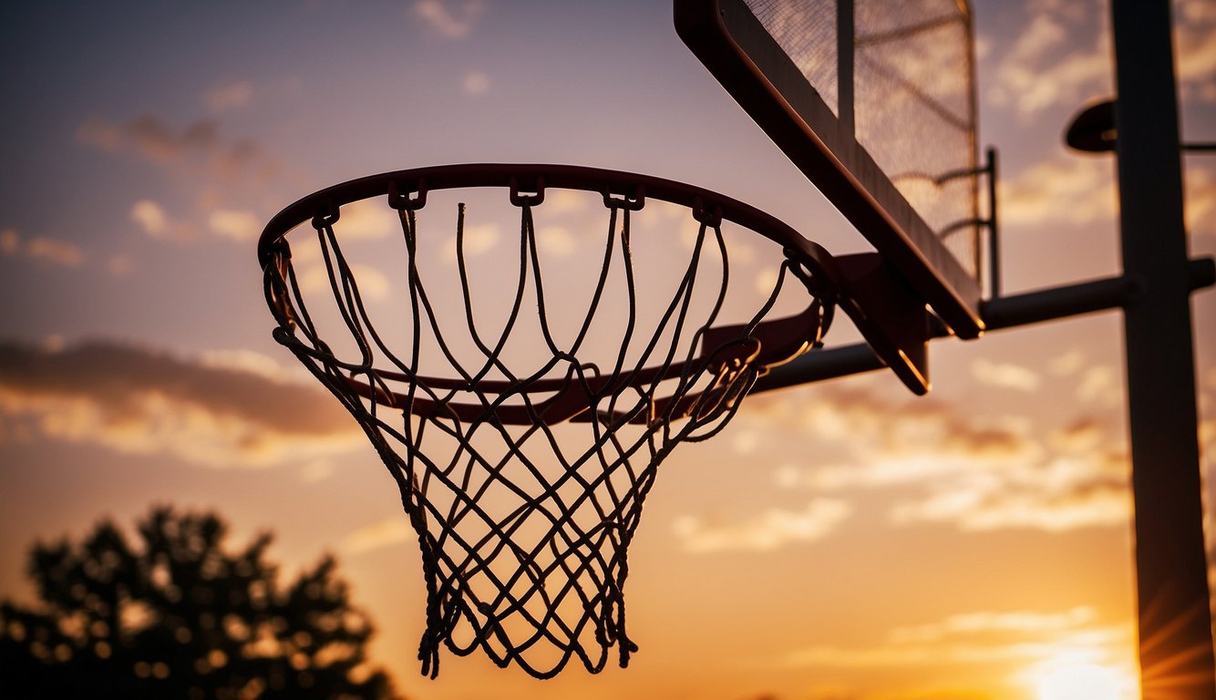 A basketball hoop stands tall against a vibrant sunset, symbolizing the importance of the sport in bringing communities together and fostering teamwork and determination