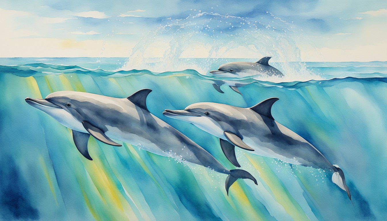 A group of dolphins gracefully swimming through crystal clear waters, their streamlined bodies and powerful tails propelling them effortlessly through the ocean