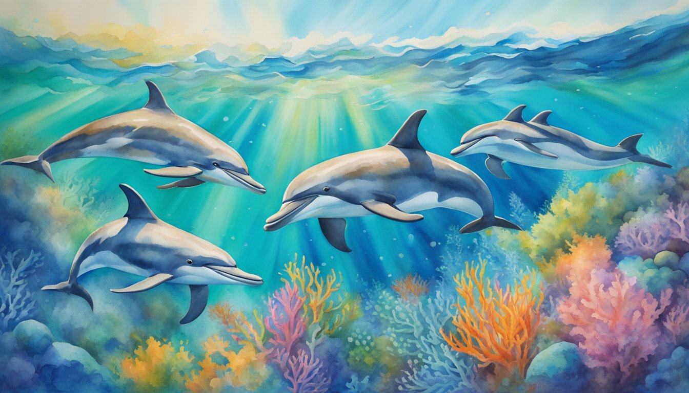 A pod of dolphins swims gracefully through crystal clear waters, leaping and playing in the sunlight.</p><p>Surrounding them, colorful coral reefs teem with life, creating a vibrant and dynamic ecosystem