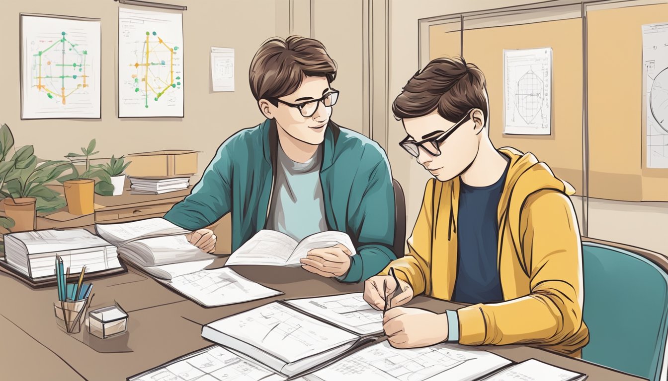 A math tutor explains a concept to a student using visual aids