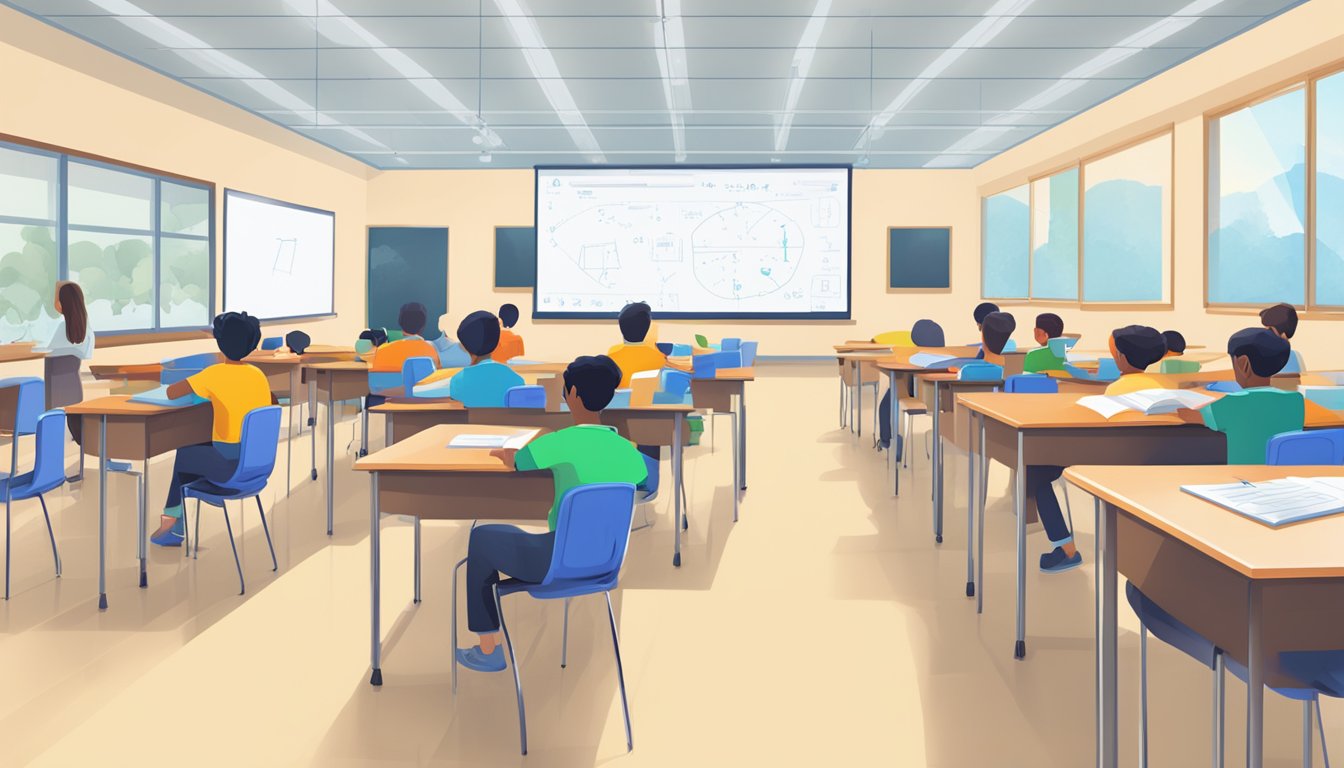 A classroom filled with math textbooks, whiteboards, and students engaged in IP math tuition