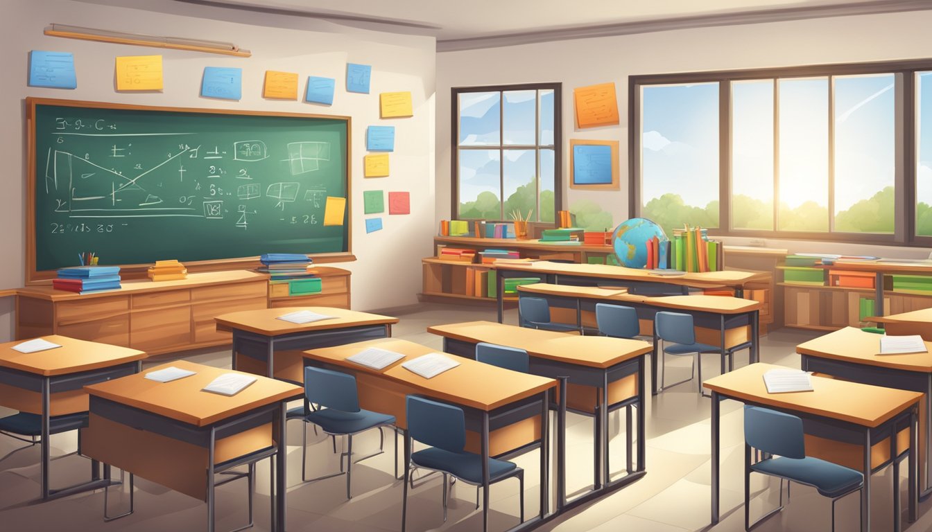 A classroom with math equations on a whiteboard, books and notebooks on desks, and a teacher