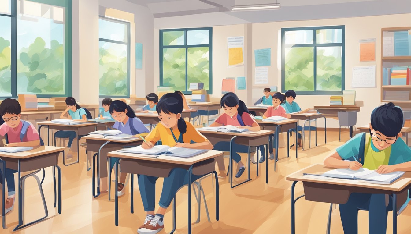 Students studying in a bright, organized classroom at a secondary school tuition centre in Singapore. Textbooks and educational materials are neatly arranged on desks