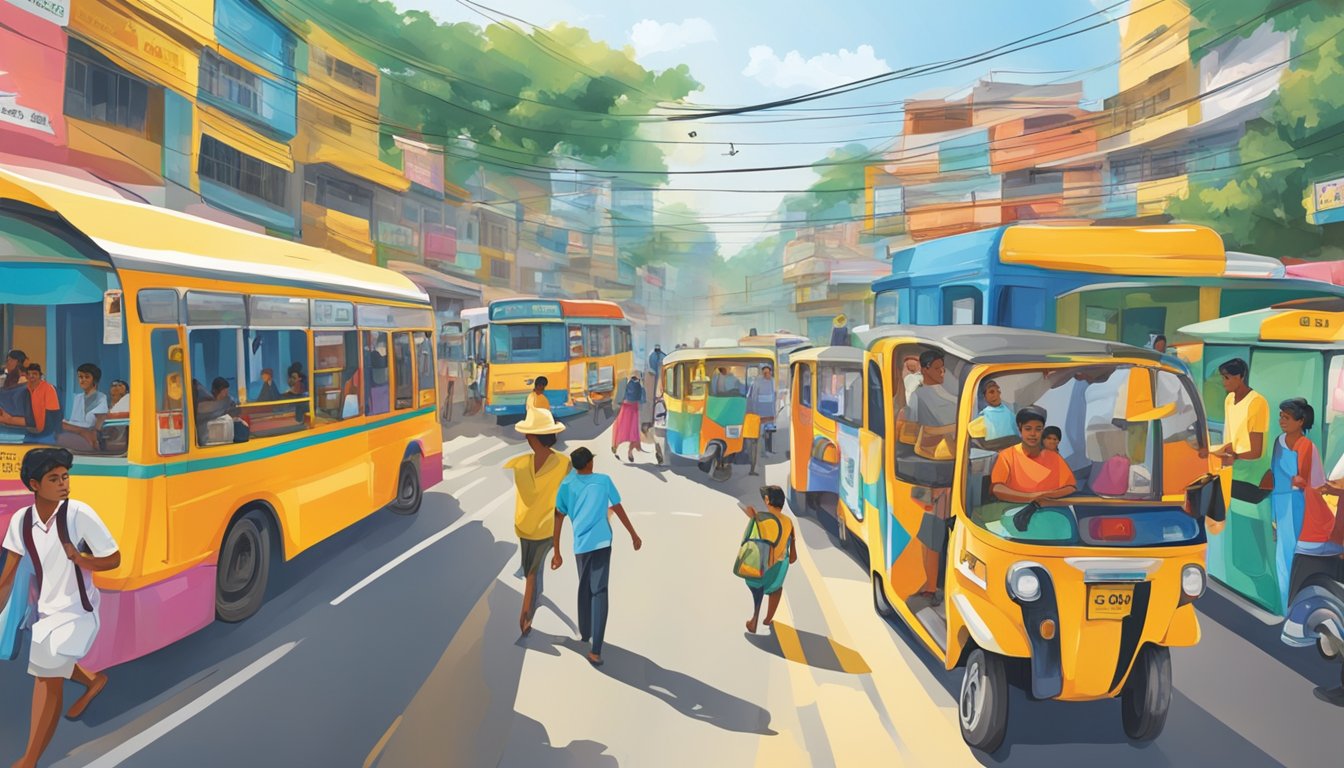 A bustling street in Sri Lanka with colorful tuition service ads displayed on shop fronts and billboards. Pedestrians walk past, while tuk-tuks and buses navigate the busy road