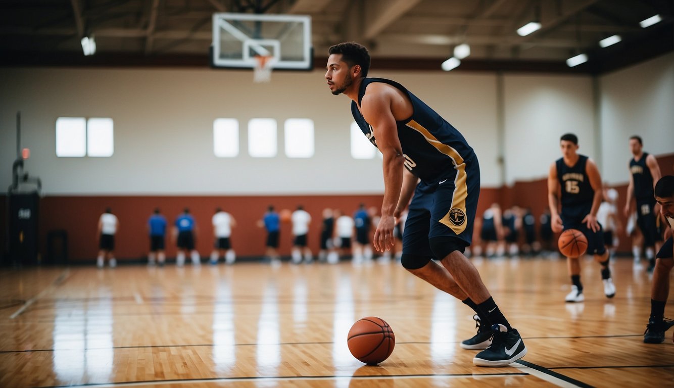 Players dribble and shoot on a basketball court, coaches oversee training, and athletes work on strength and conditioning exercises