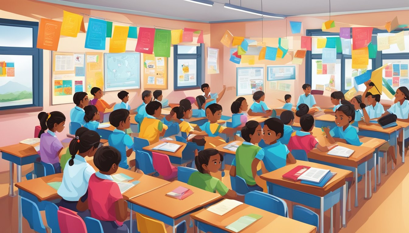 A vibrant classroom setting with students engaged in learning, surrounded by colorful posters promoting Tuition Services in Sri Lanka