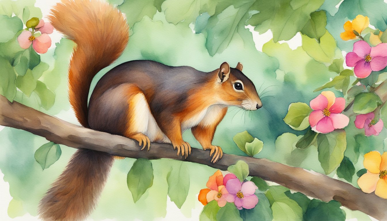 An Indian giant squirrel perched on a tree branch, surrounded by lush green foliage and colorful flowers.</p><p>It is nibbling on a nut while its bushy tail hangs gracefully behind it