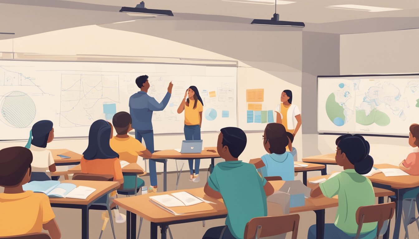 A group of students gather around a whiteboard, listening attentively to a teacher explaining concepts. Textbooks and notebooks are scattered on the tables, while posters and educational charts adorn the walls