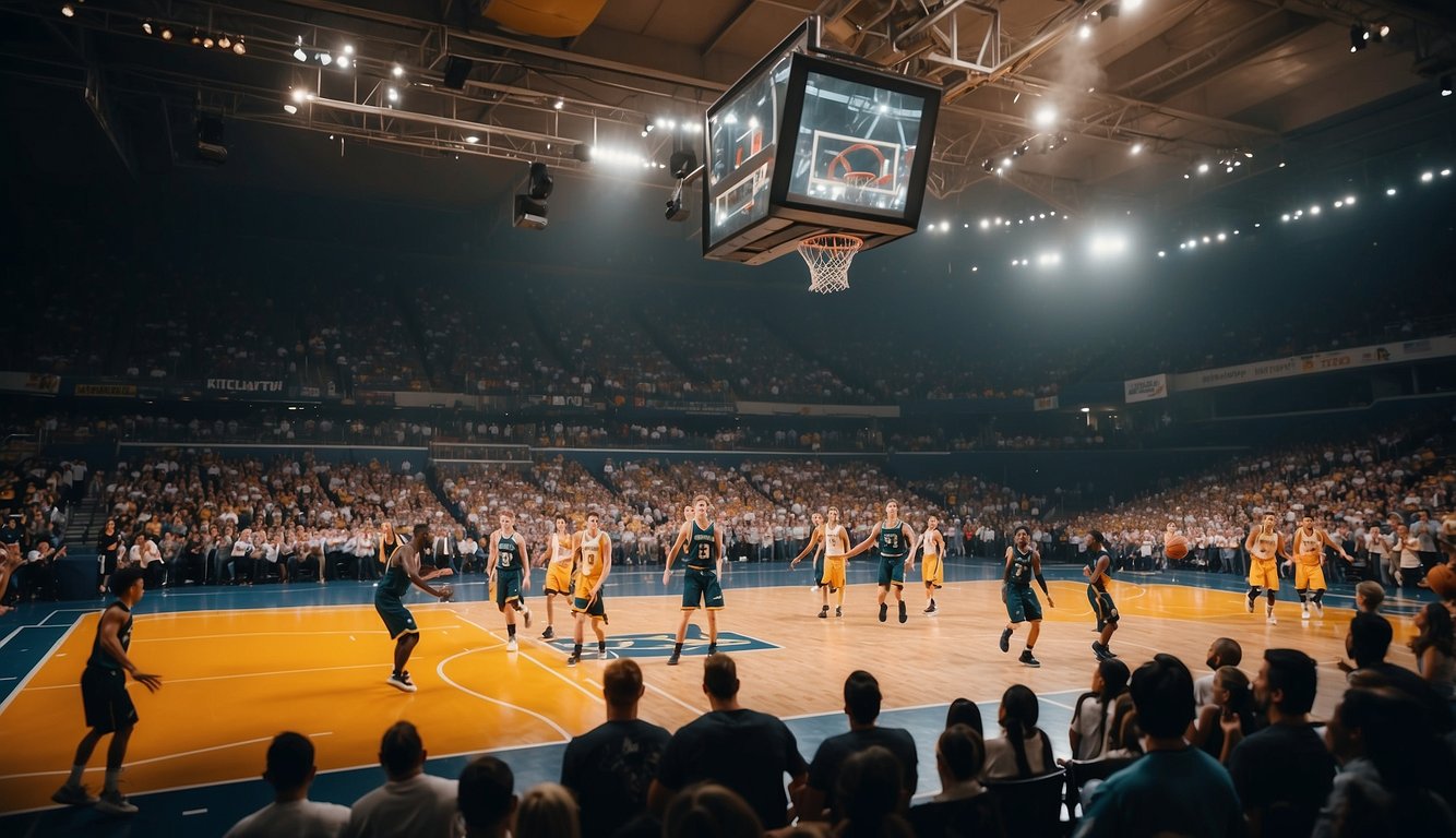 A basketball court with players in motion, surrounded by cheering fans and coaches, showcasing the importance of teamwork, skill, and dedication in the sport