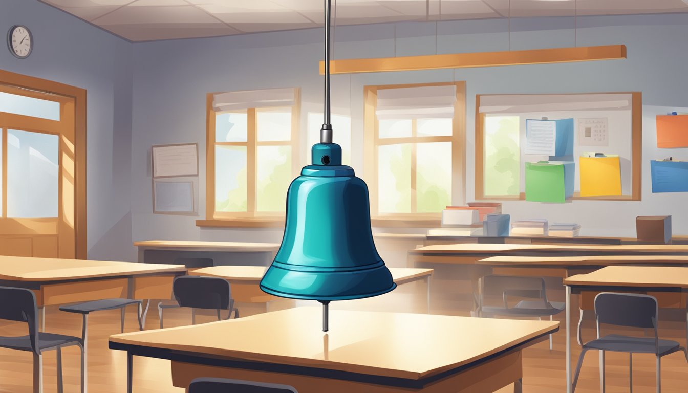 The sound of a tuition bell ringing loudly in a quiet classroom