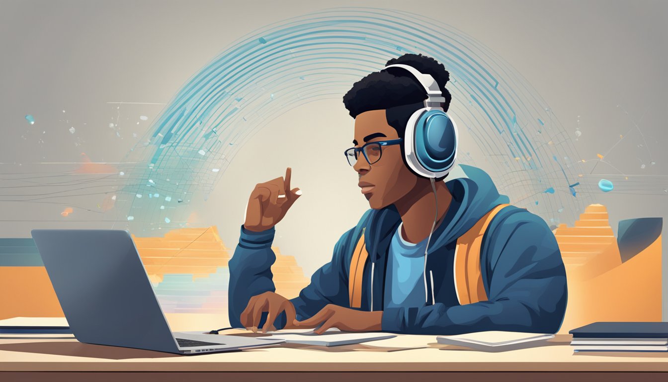 A student sits at a desk, headphones on, focused on a laptop screen. A sound wave symbol hovers above, representing the "tuition sound" concept