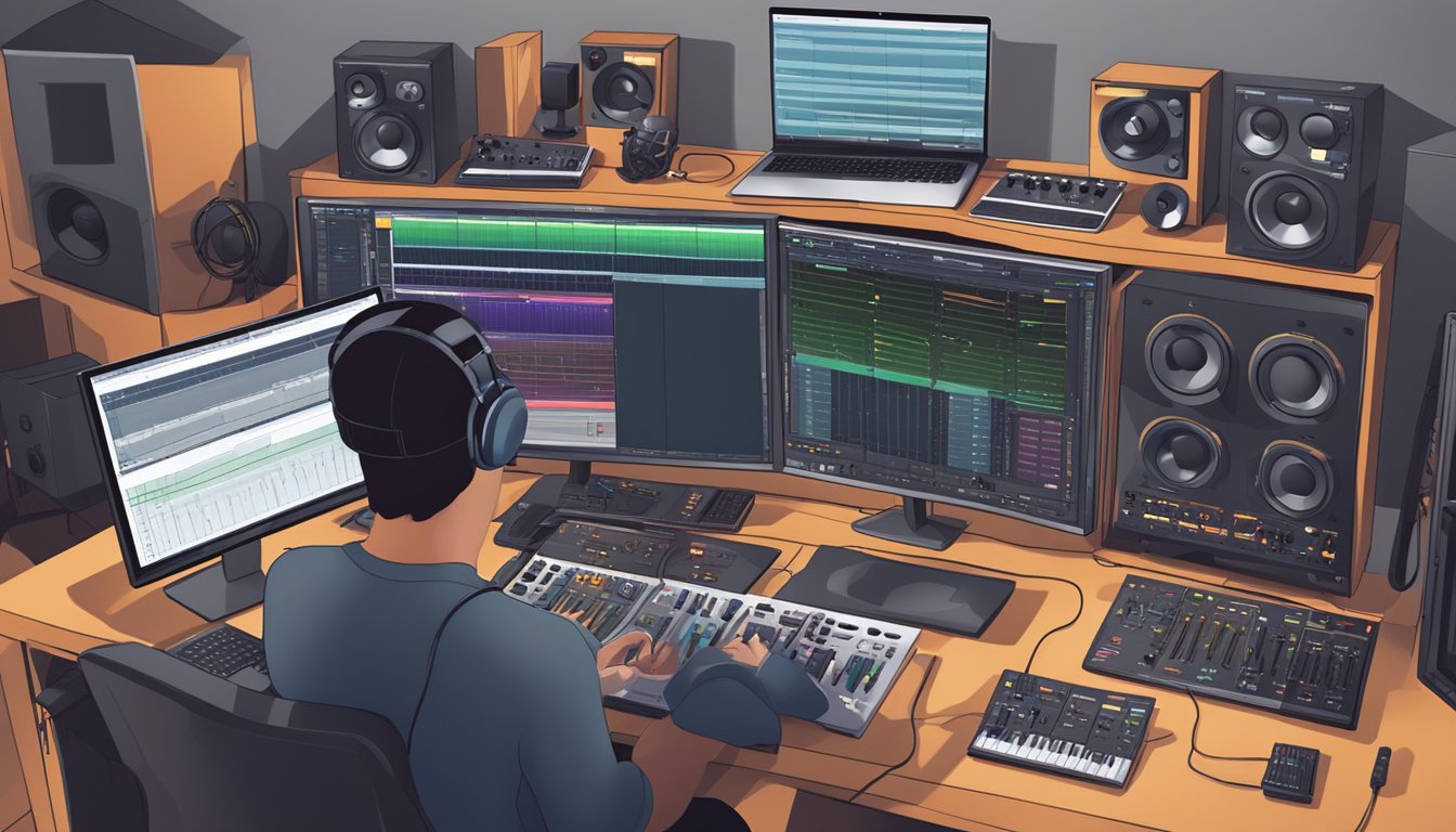 A student adjusts audio production software settings, surrounded by sound equipment and musical instruments
