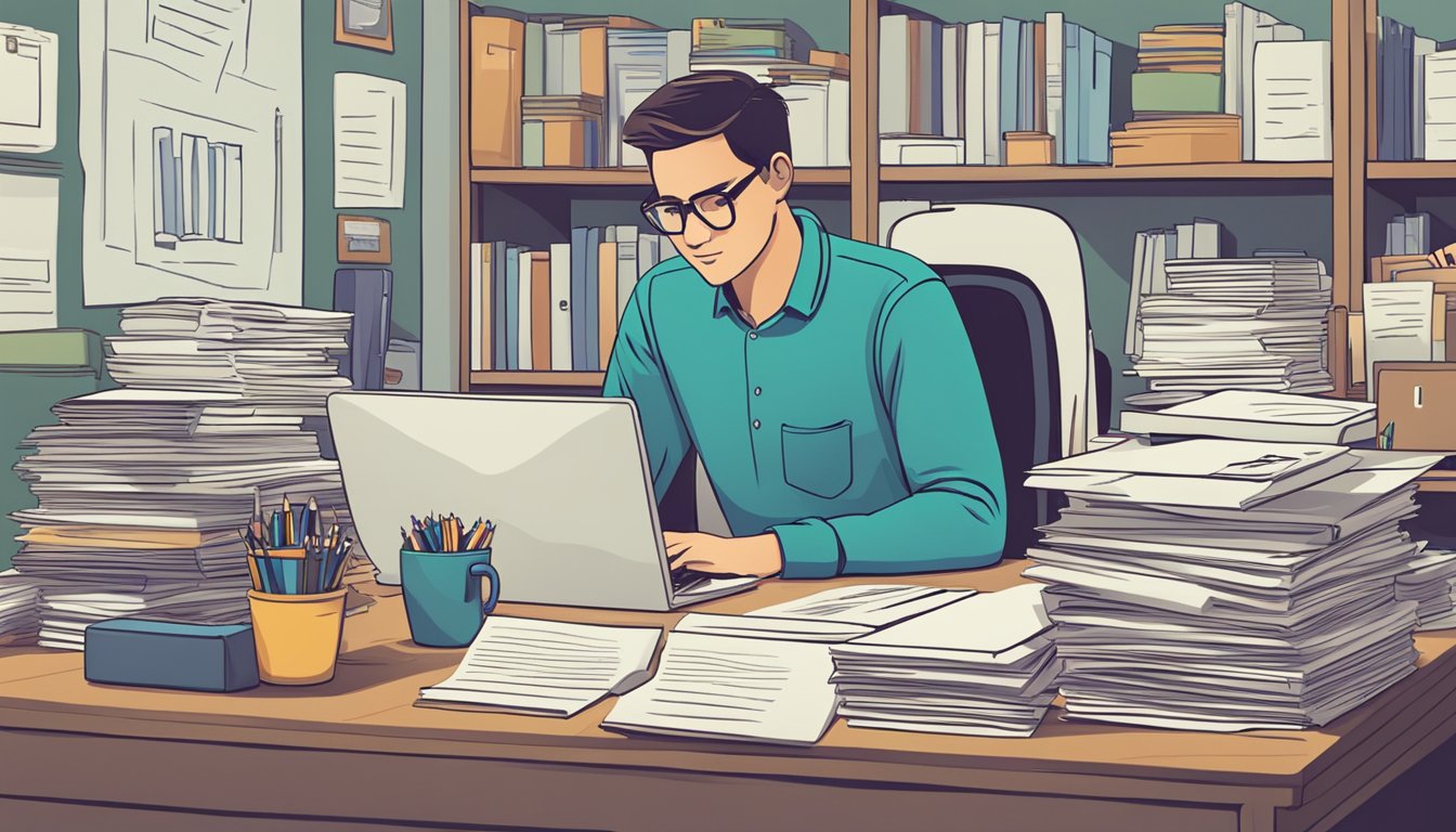 A person sitting at a desk, surrounded by stacks of paper and a computer, with a sign reading "Frequently Asked Questions - Tuition" on the wall