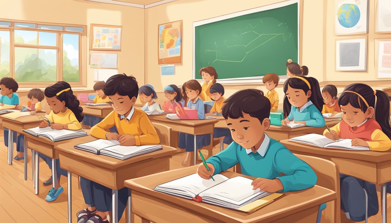 Primary students sitting in a classroom, listening to a teacher and taking notes. Books, pencils, and educational materials are scattered on the desks