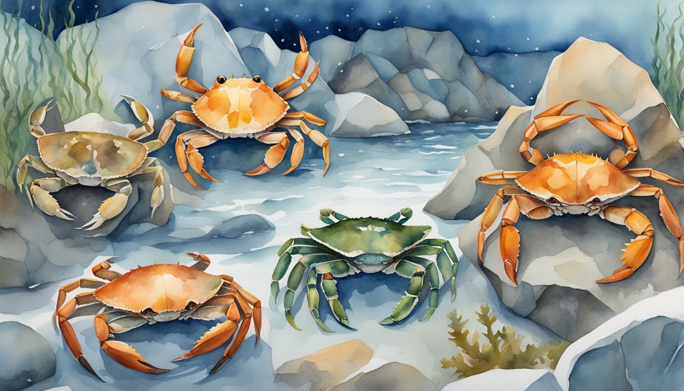 Alaska crab species in their natural habitat: snow-covered ocean floor, surrounded by kelp and rocky formations.</p><p>Various crab species are shown in different sizes and colors