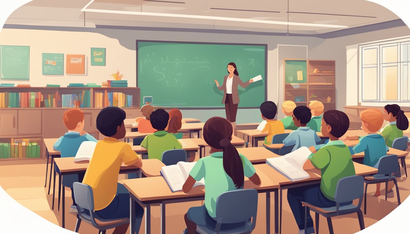 A group of young students sitting in a classroom, listening to a teacher explaining the concept of primary tuition. Books and educational materials are scattered around the room