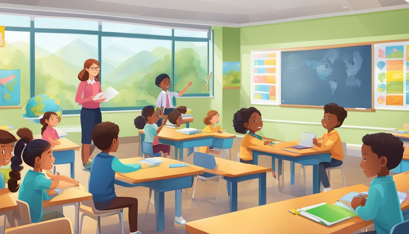 Bright classroom with engaged primary students, tutor providing personalized instruction, interactive learning materials, and collaborative activities