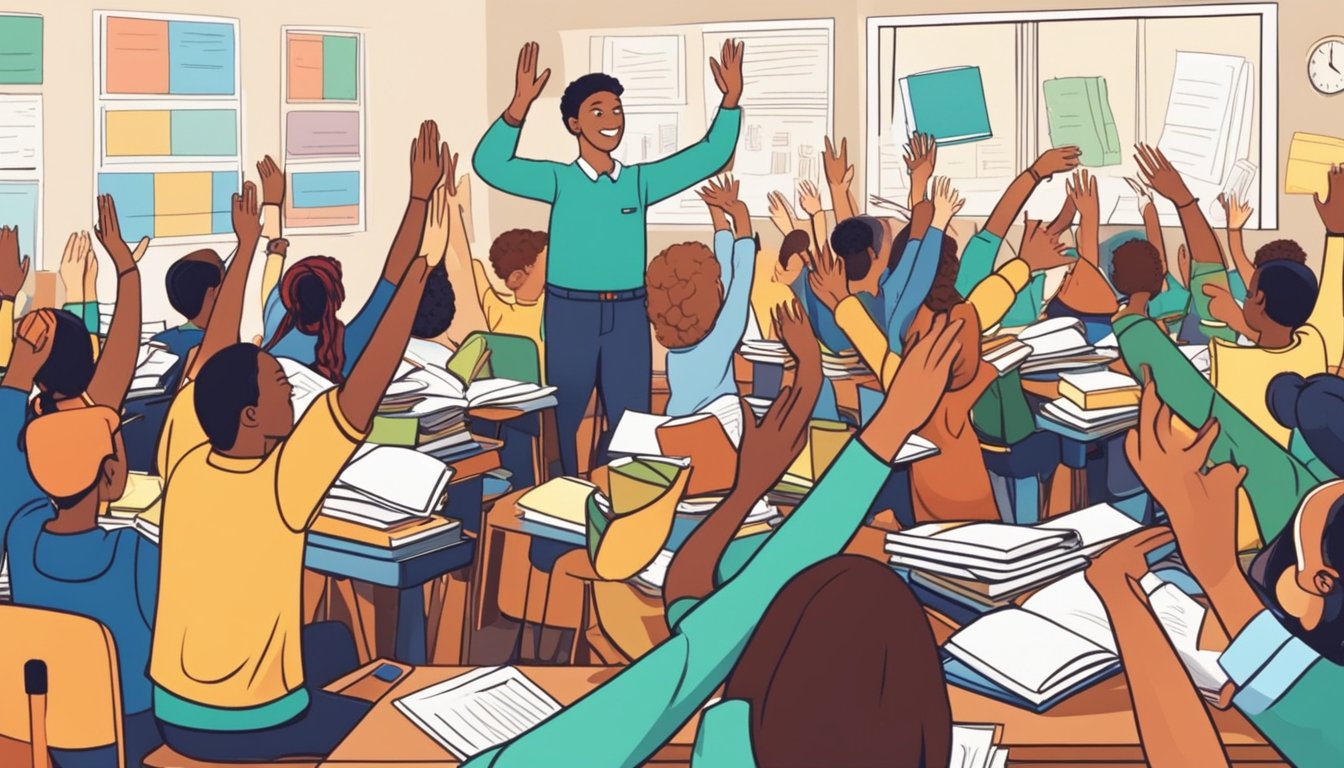 A group of young students eagerly raise their hands, surrounded by books and school supplies, as a teacher answers their frequently asked questions about tuition