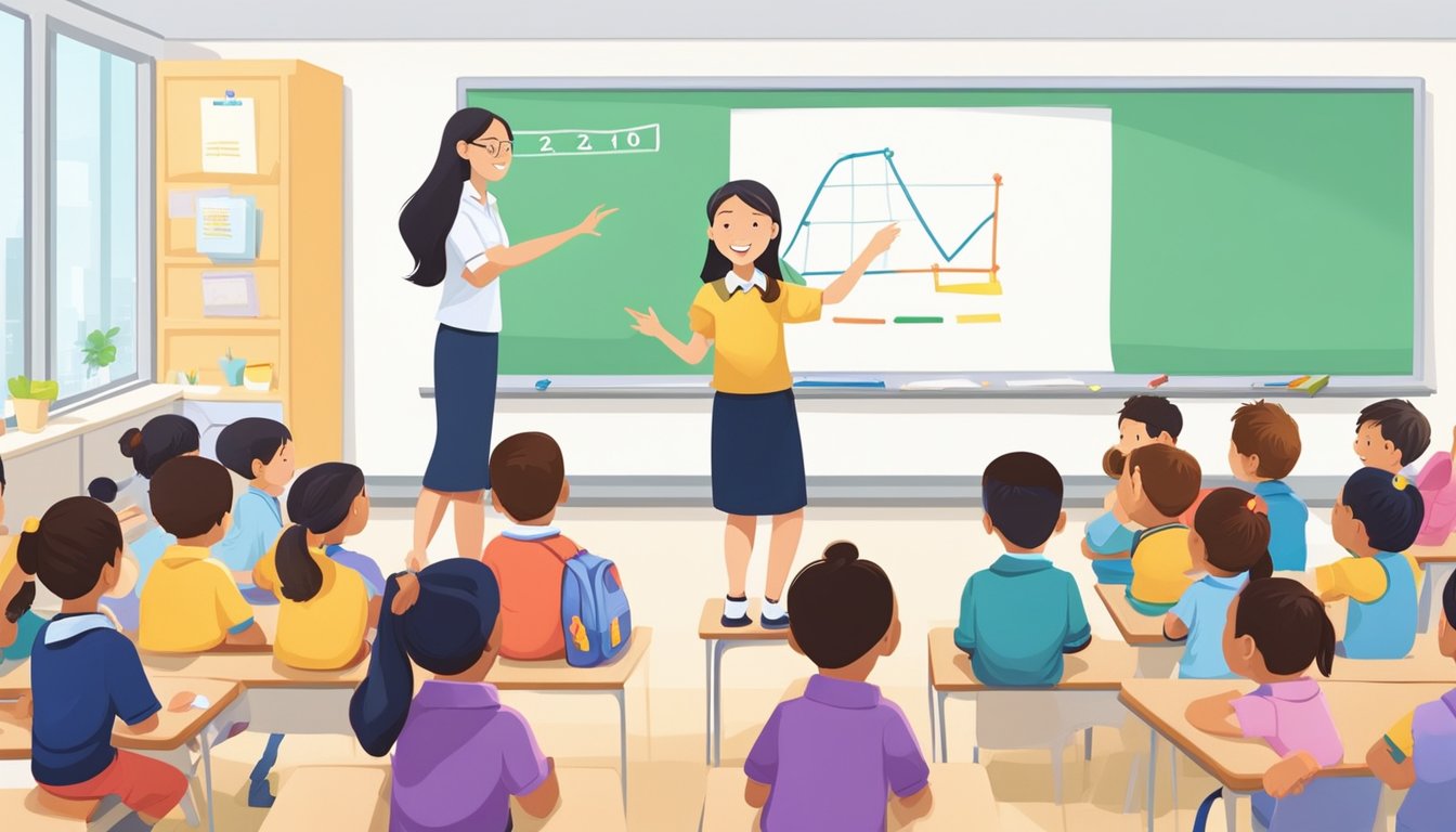A teacher explains math concepts on a whiteboard to a group of attentive primary school students in a brightly lit classroom in Singapore