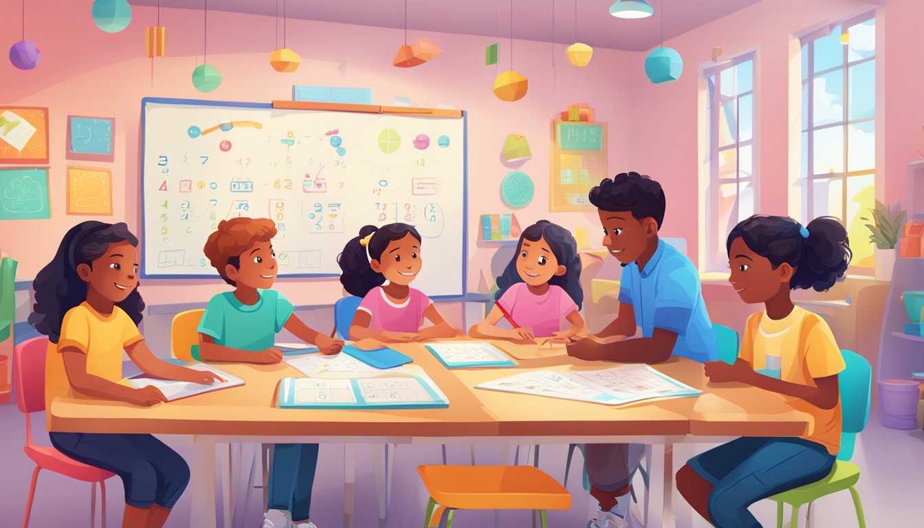 A group of young students engage in interactive math activities with a tutor in a bright and colorful classroom setting