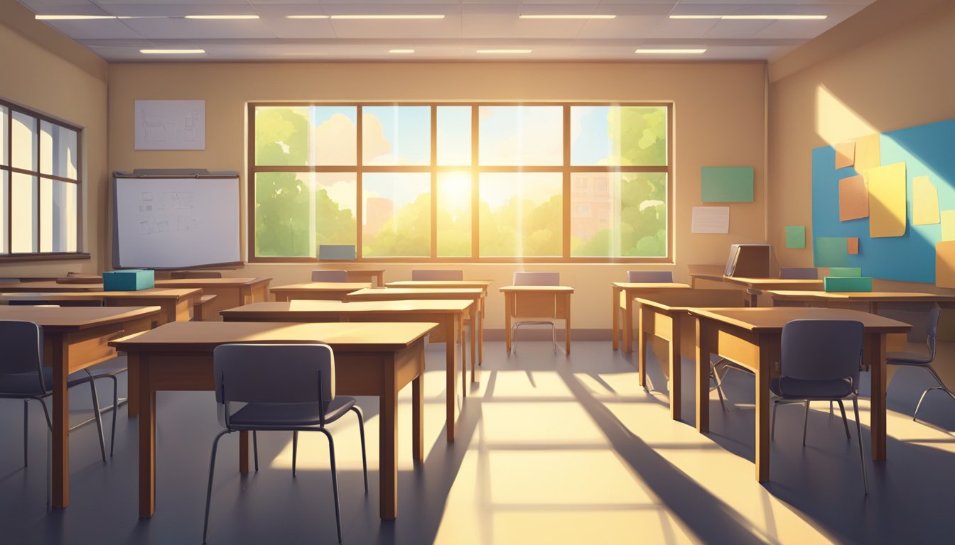 Empty classroom with desks and chairs, a whiteboard at the front. Sunlight streaming through windows, casting long shadows. Textbooks and notebooks scattered on desks