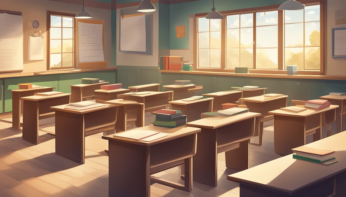 A classroom with empty desks and a calendar showing school holidays. Books and school supplies are neatly organized on the teacher